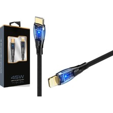 Azrlya 45W Usb-C Lightning Işıklı Şeffaf Kablo Hızlı Şarj, Dayanıklı Tasarım, iPhone ve iPad Uyumlu ( Lisinya )