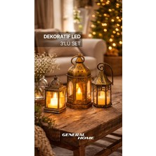 General Home Dekoratif LED Fener 3’lü Set | Pilli, Sarı Işık, Retro Tasarım, Ev ve Bahçe Kullanımı