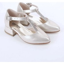 Kız Çocuk Gümüş Direk Taşlı Abiye Topuklu Ayakkabı