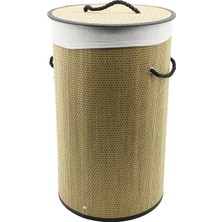 İsmiyle Al Yuvarlak Hasır - Ahşap Kirli Çamaşır Sepeti 37X60CM Seyyar Kapaklı Içi Bezli Ip Kulplu (5