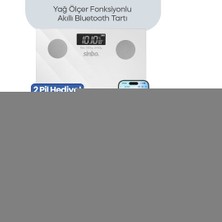 İsmiyle Al Beyaz Yağ Ölçer Akıllı Bluetooth Cam Baskül Pilli 180KG/50GR 26X26CM 8-Kişi Hafıza LCD Ekra
