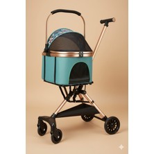 Tasma Market Rose Gold Lüks Kedi Köpek Arabası - Ayrılabilir Kabinli Katlanabilir Pet Puset Mavi Desenli