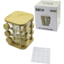 İsmiyle Al 12PCS Kare Döner Standlı Cam - Bambu Kapak Tuzluk - Baharatlık Bambu Stand (5047)
