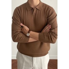 Tarz Cool Erkek Bej Slim Fit Uzun Kollu Polo Yaka Triko Kazak