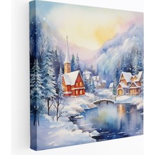 Popcas  Noel Manzaralı Kanvas Tablo Huzurlu Suluboya Manzara Karlı Dağlar ve Köy