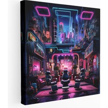 Popcas  Gelecekten Gelen Şehir Manzaralı Kanvas Tablo Berber Temalı Neon Işıklı Duvar Sanatı