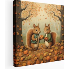 Popcas  Sonbahar Temalı Kanvas Tablo Oynak Sincaplar ve Meşe Palamudu Deseni