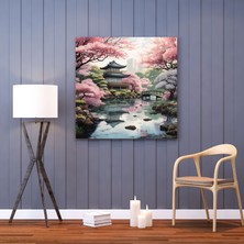 Popcas  Asya Duvar Sanatı Japon Bahçesi Kanvas Tablo Kiraz Çiçeği Ağaçları ile Huzurlu Manzara