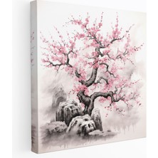 Popcas  Asya Temalı Kiraz Çiçeği Ağacı Kanvas Tablo Geleneksel Japon Mürekkep Sanatı