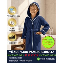 Layvera Çocuk Bornoz | %100 Pamuklu-Lacivert-Yumuşak Doku-Kapüşonlu-Cepli-Biyeli