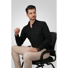 Etikmen Siyah Yaka Düğmeli Premium Şamre Slimfit Erkek Gömlek
