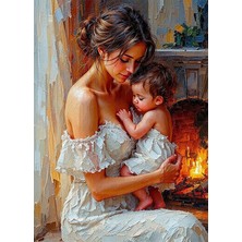 Bedeko Şömine Karşısında Anne ve Bebeği Mdf Ahşap Tablo