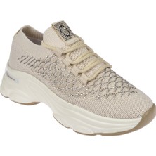 Voyager Taş Detaylı Triko Kadın Spor Ayakkabı Sneaker VOY-064   Bej