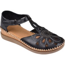 Floor Hakiki Deri Burnu Kapalı Kadın Sandalet MAK-702   Siyah