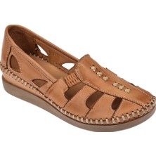 Floor Hakiki Deri Delikli Yazlık Kadın Ayakkabı Mak-25   Taba