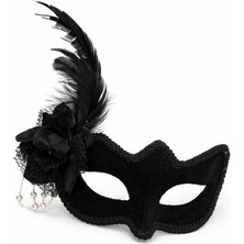 Ett Beyaz Inci Detaylı Siyah Süet Venedik Kadın Maskesi Tüylü Güllü