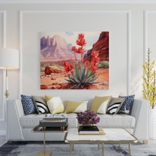 Popcas  Çöl Manzara Kanvas Tablo Canlı Suluboya Kaktüs Çiçeği Duvar Sanatı