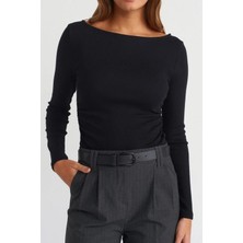 Tarz Cool Kadın Geniş Yaka Uzun Kollu Esnek Pamuk Dokulu Fit Basic Bluz