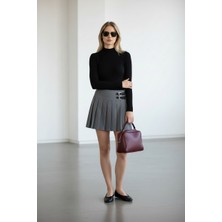 Vireo Club Gri Plise Detaylı Kemerli Mini Etek