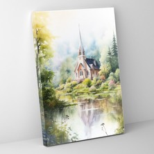 Popcas  Su Rengi Kilise Kanvas Tablo Yeşil Manzara ile Doğanın Huzurunu Sunuyor