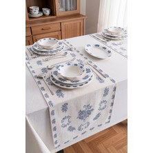 Rubi Porselen Vintage Blue Desenli Modern Masa Örtüsü Runner - Keten Masa Runner 40X140 cm