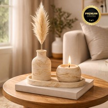 Nevhan Sanat El Yapımı Mermer Desenli Beton Dekor Seti – Vazo, Mumluk ve Oval Tepsi (3 Parça)