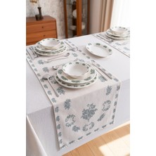 Rubi Porselen Vintage Green Desenli Modern Masa Örtüsü Runner - Keten Masa Runner 40X140 cm