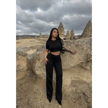 Kadın Siyah Bisiklet Yaka Crop & Bol Paça Takım