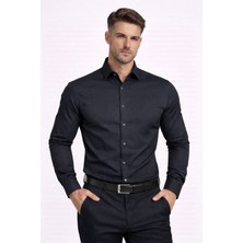 Colvis Man Erkek Siyah Pamuk Saten Slim Fit Gömlek Dar Kesim Klasik Ofis Gömleği Hediye Kutulu