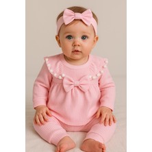 Mini Kanka Kız Bebek Fiyonklu 3’lü Takım Pamuklu Ribana Tunik Pantolon Saç Bandı Set 0-24 Ay