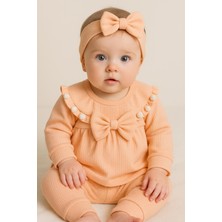 Mini Kanka Kız Bebek Fiyonklu 3’lü Takım Pamuklu Ribana Tunik Pantolon Saç Bandı Set 0-24 Ay
