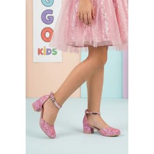 Diggo Kids Pembe Işıltılı ve Kız Çocuk Topuklu Ayakkabı, Abiye Ayakkabı