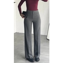 Asfa Moda Kadın Antrasit Yüksek Bel Kumaş Pantolon Wide Leg Bol Paça Ofis Şık Klasik Palazzo Pantolon