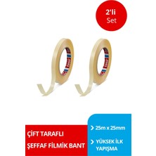 Tesa Çift Taraflı Filmik Bant, Genel Amaçlı Filmik, Şeffaf, 25M x 25MM x 2 Adet