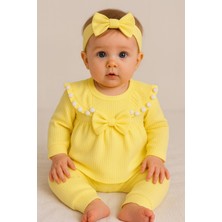 Mini Kanka Kız Bebek Fiyonklu 3’lü Takım Pamuklu Ribana Tunik Pantolon Saç Bandı Set 0-24 Ay