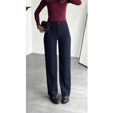 Asfa Moda Kadın Lacivert Yüksek Bel Kumaş Pantolon Wide Leg Bol Paça Ofis Şık Klasik Palazzo Pantolon