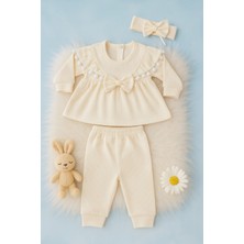 Mini Kanka Kız Bebek Fiyonklu 3’lü Takım Pamuklu Ribana Tunik Pantolon Saç Bandı Set 0-24 Ay