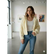 A&D Handmade El Örgüsü Puffy Kapüşonlu Crop Kadın Hırka