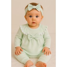 Mini Kanka Kız Bebek Fiyonklu 3’lü Takım Pamuklu Ribana Tunik Pantolon Saç Bandı Set 0-24 Ay