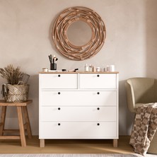 Robin Home Alaska Şifonyer 5 Çekmece Ahşap Ayaklı Sepet-Beyaz
