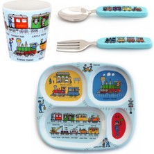 Tyrrell Katz Melamin Bölmeli Tabak / Alıştırma Bardağı / Kutulu Çatal Kaşık Seti Trains