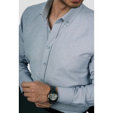 Etikmen Gri Yaka Düğmeli Premium Şamre Slimfit Erkek Gömlek