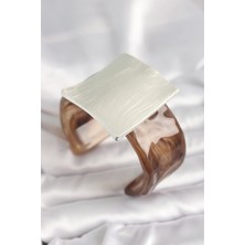 İsmiyle Al Kahverengi Mermer Desen Akrilik Plastik Gümüş Kare Plaka Model Vintage Kadın Bilezik