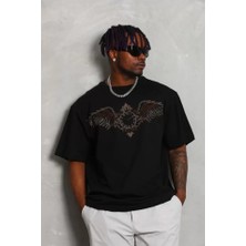 Indispensablely Unisex Oversize Taşlı Bisiklet Yaka T-Shirt - Siyah