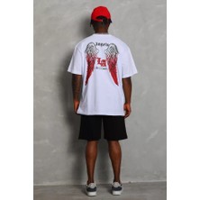 Indispensablely Unisex Oversize Baskılı Bisiklet Yaka T-Shirt - Beyaz