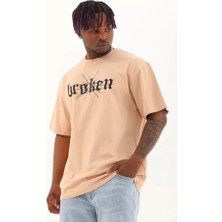 Indispensablely Unisex Oversize Baskılı Bisiklet Yaka T-Shirt - Bej