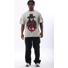 Indispensablely Unisex Oversize Baskılı Bisiklet Yaka T-Shirt - Gri