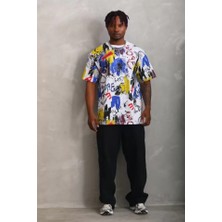 Indispensablely Unisex Oversize Baskılı Bisiklet Yaka T-Shirt - Beyaz