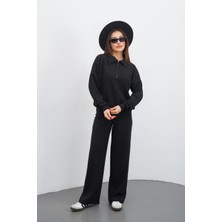 Dı Loria Kadın Siyah Renk Eşofman Takım Oversize Fermuarlı Sweatshirt Pantolon