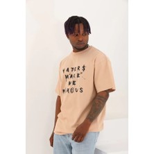 Indispensablely Unisex Oversize Baskılı Bisiklet Yaka T-Shirt - Bej